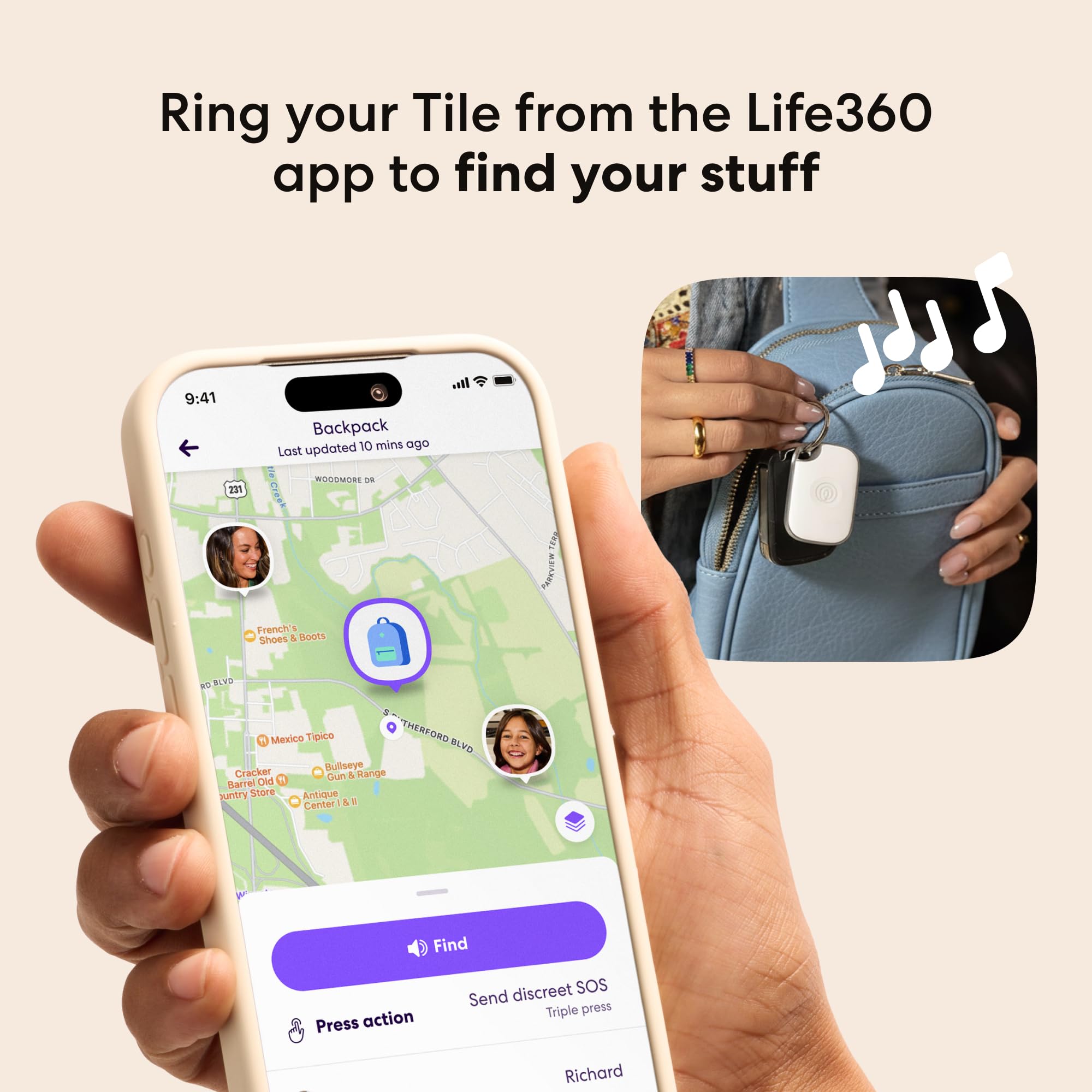 Life360 Tile Pro sujetado en llavero ilustrando localización rápida de llaves