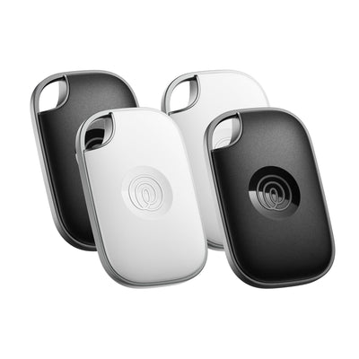 Life360 Tile Pro front packaging showing 4-pack and color options, clear product view and benefits