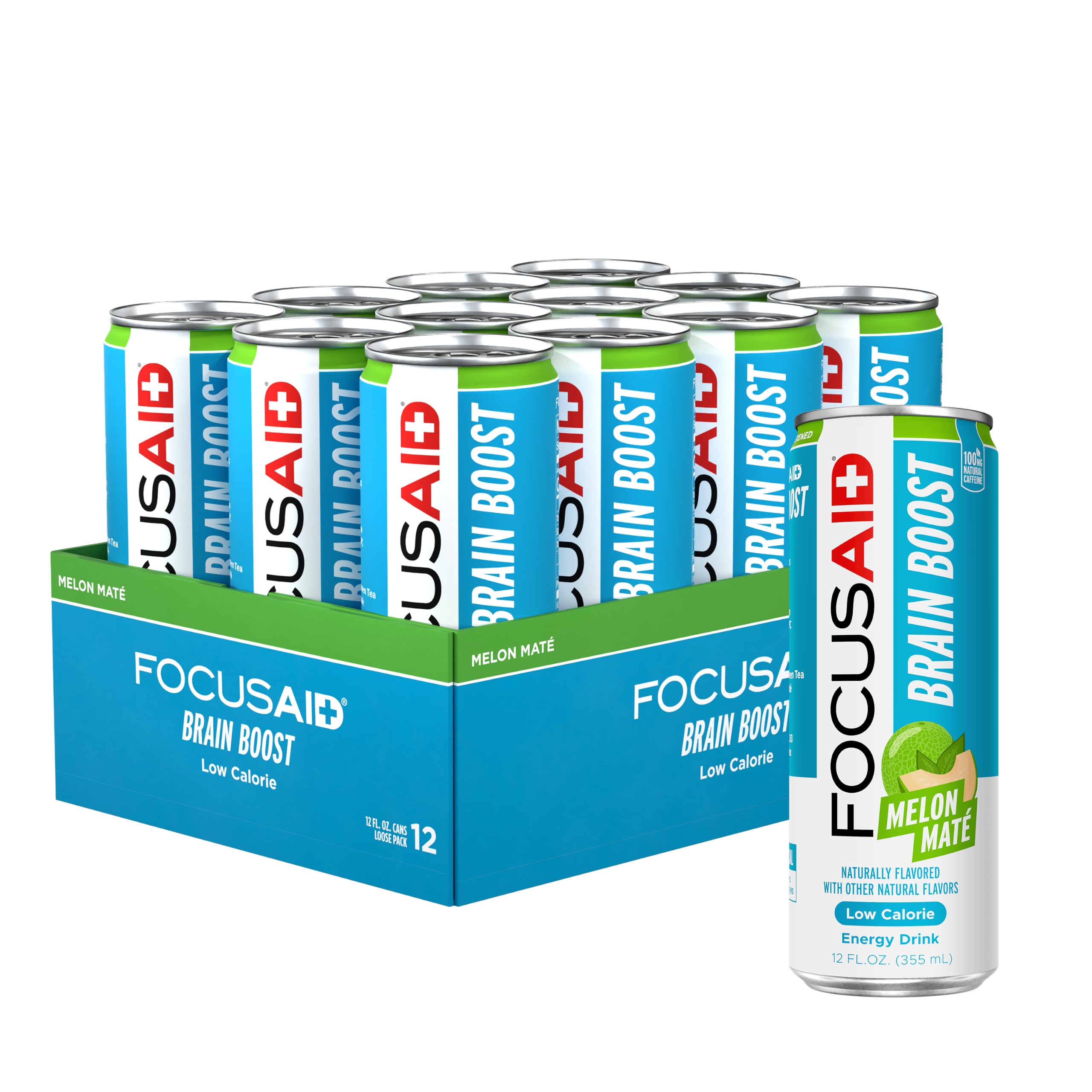 LIFEAID FOCUSAID pack frontal mostrando 12 latas y ventaja de energía limpia