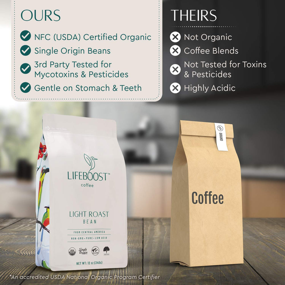 LIFEBOOST brewed cup in kitchen setting highlighting smooth low-acid flavor