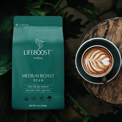 Lifeboost close-up of whole bean texture highlighting freshness and roast quality