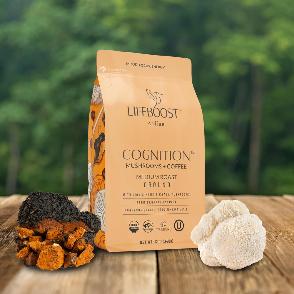 Lifeboost primeros planos de Lion’s Mane y Chaga reflejando componentes adaptogénicos