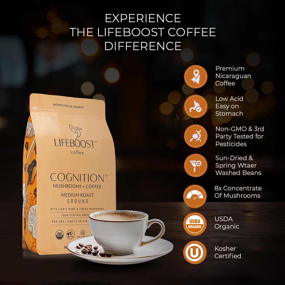 Lifeboost etiqueta de ingredientes señalando Lion’s Mane y Chaga orgánicos