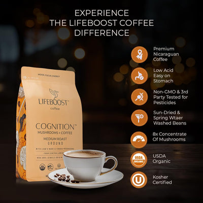 Lifeboost etiqueta de ingredientes señalando Lion’s Mane y Chaga orgánicos