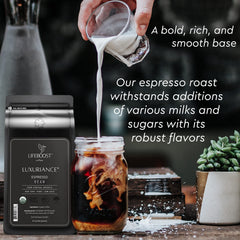 Lifeboost bag label detail displaying USDA Organic and third-party testing for purity