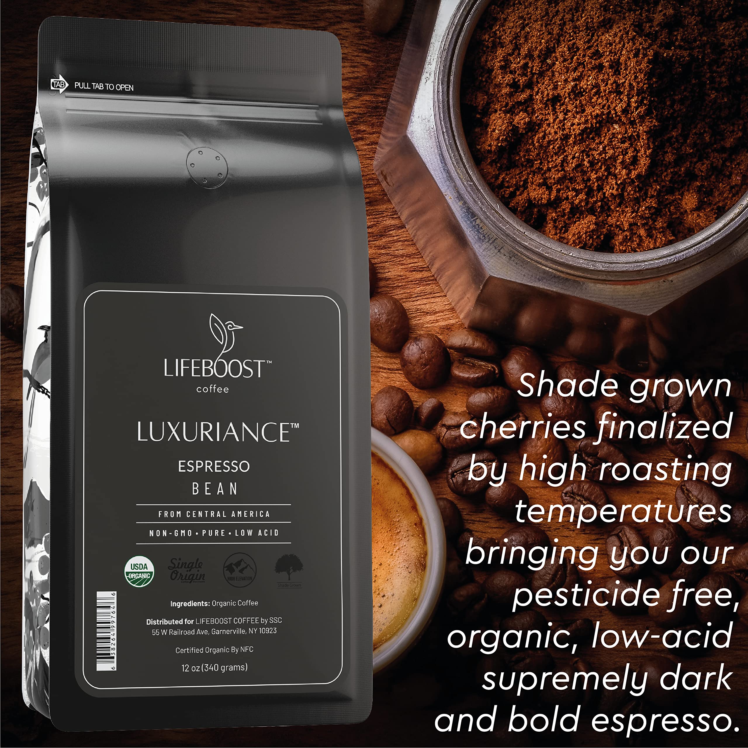 Lifeboost close-up of whole beans highlighting dark roast sheen and rich crema potential