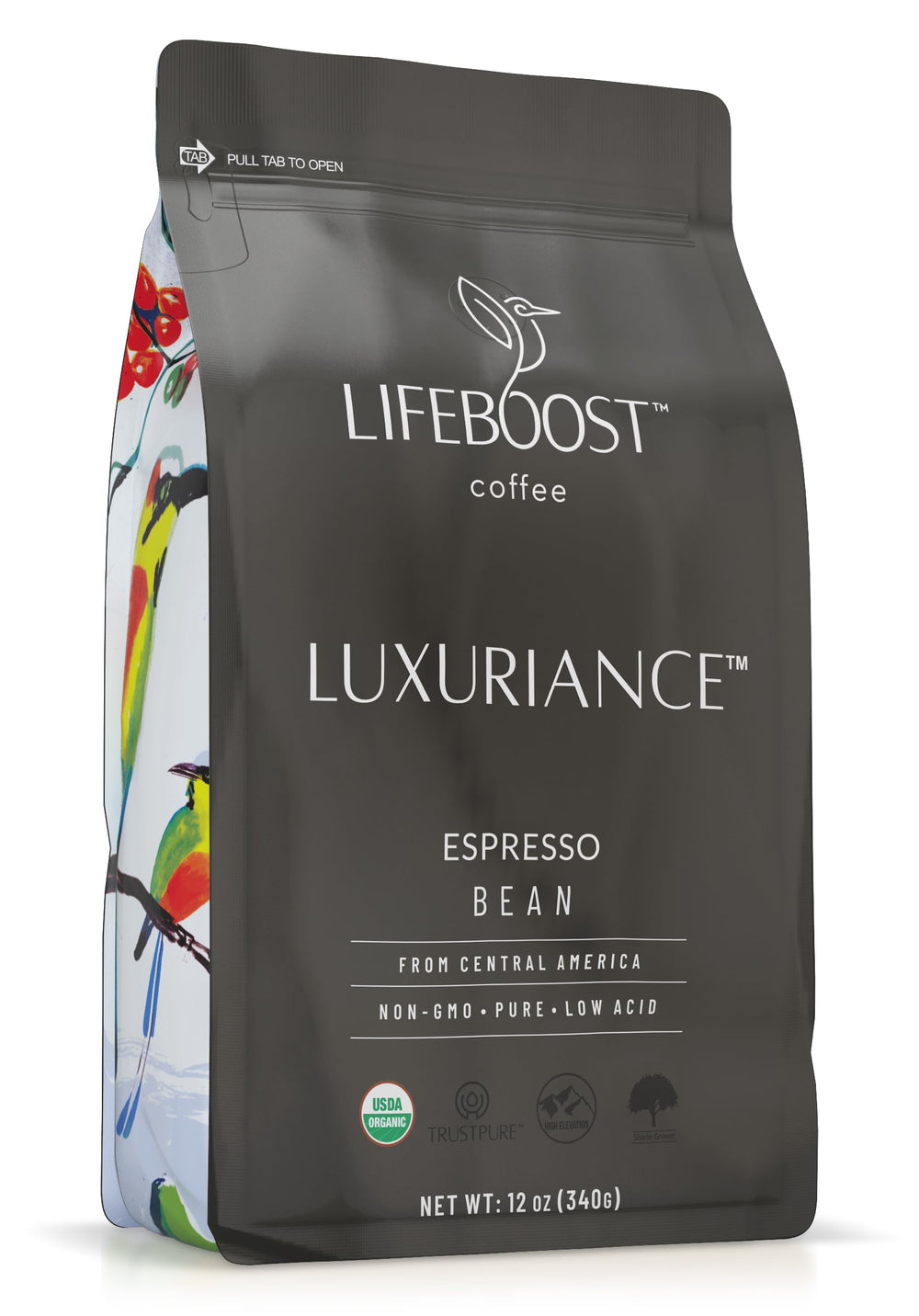 Lifeboost front packaging showing organic seal and bold espresso branding for confidence