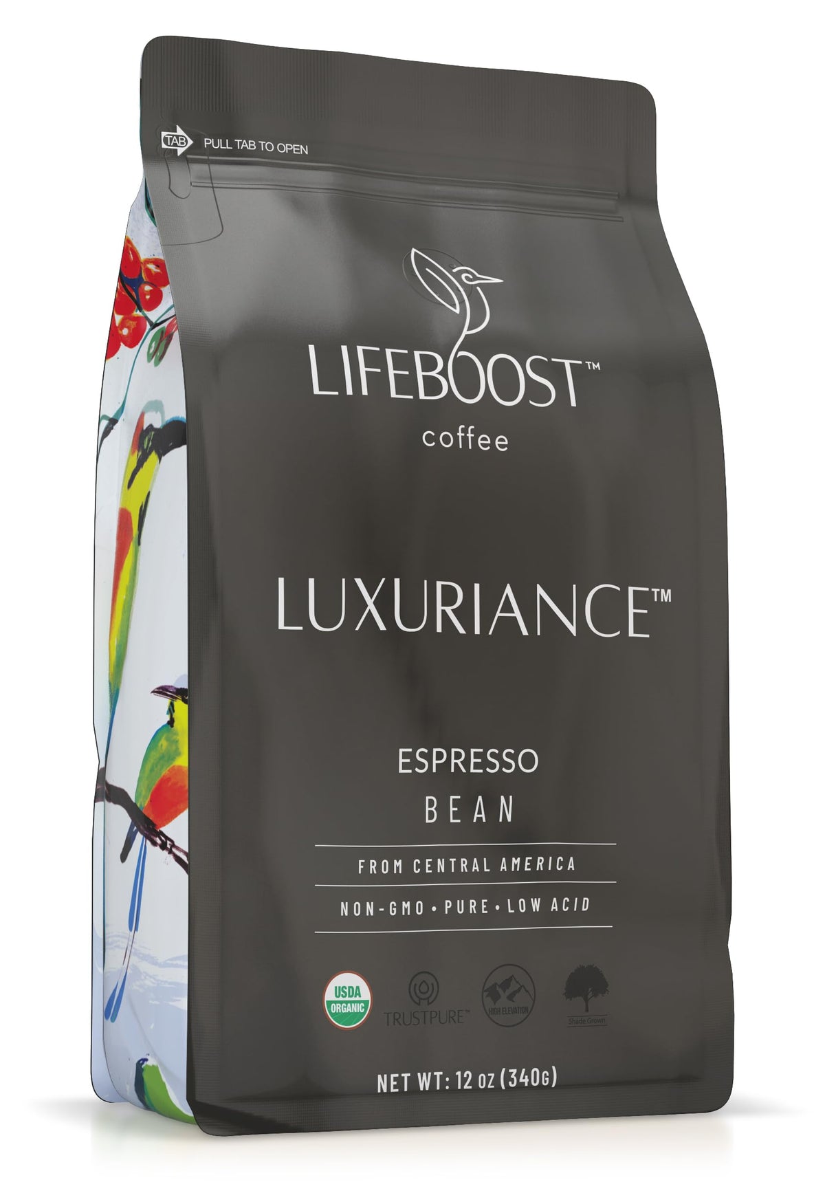 Lifeboost front packaging showing organic seal and bold espresso branding for confidence