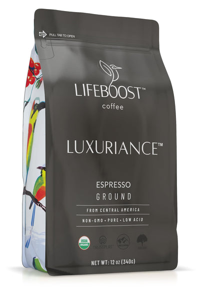 Lifeboost front packaging showing organic low-acid espresso benefits