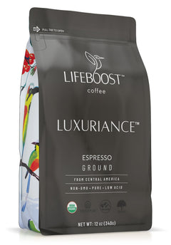 Lifeboost front packaging showing organic low-acid espresso benefits