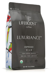 Lifeboost front packaging showing organic seal and bold espresso branding for confidence