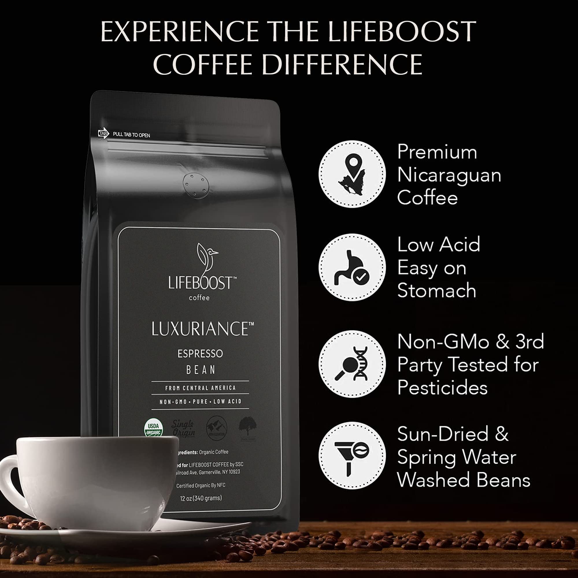 Lifeboost bag next to scale showing 12 oz size and easy portion understanding