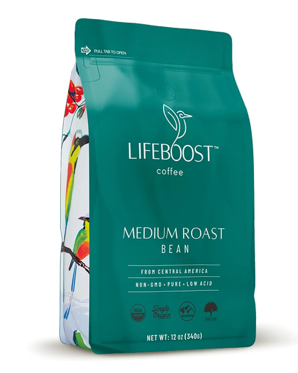 Lifeboost front packaging showing medium roast and organic label, conveys trust