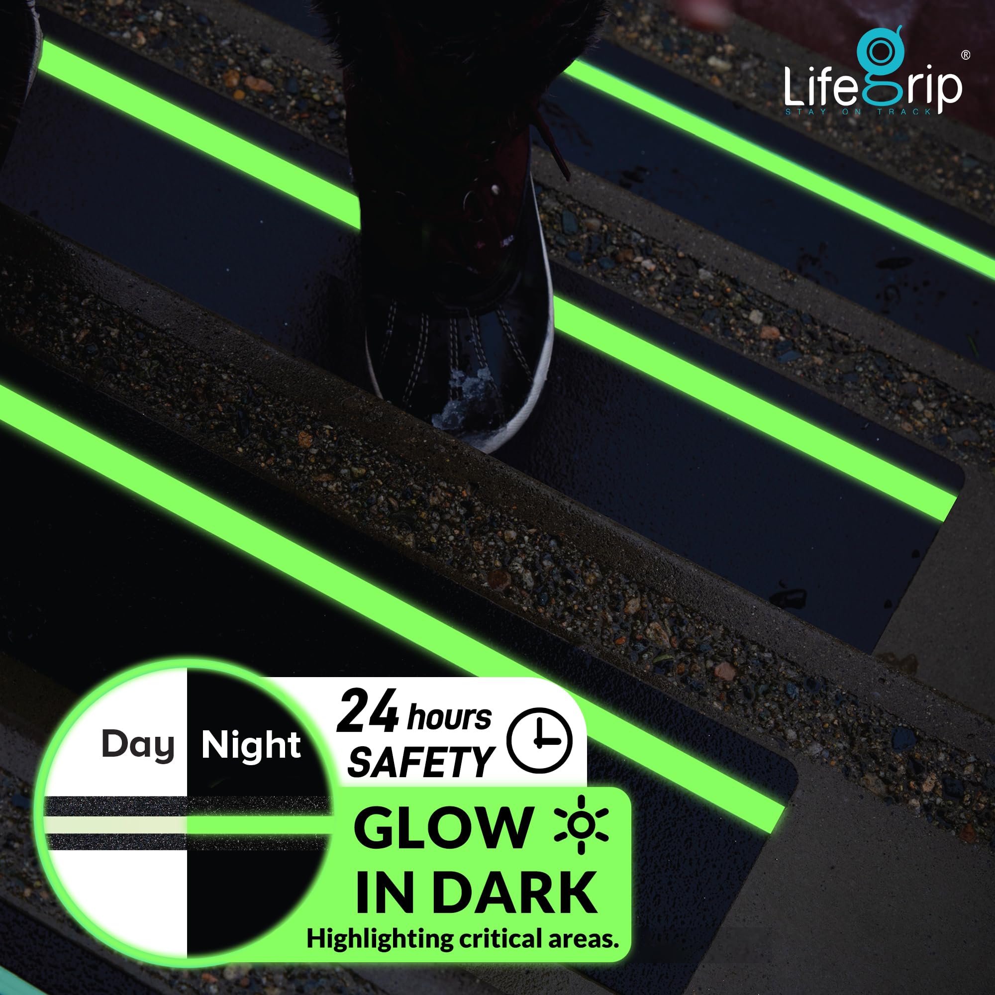 LifeGrip instalado en escalera doméstica demostrando mayor tracción y prevención de caídas
