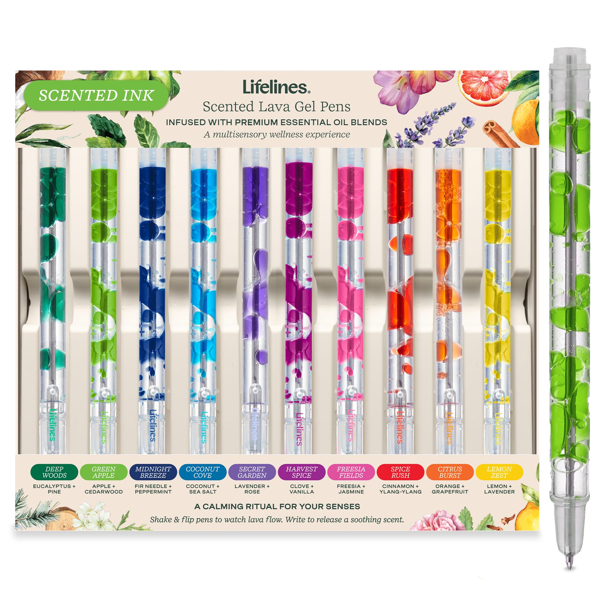 Lifelines front packaging showing all ten scented lava gel pens and colors