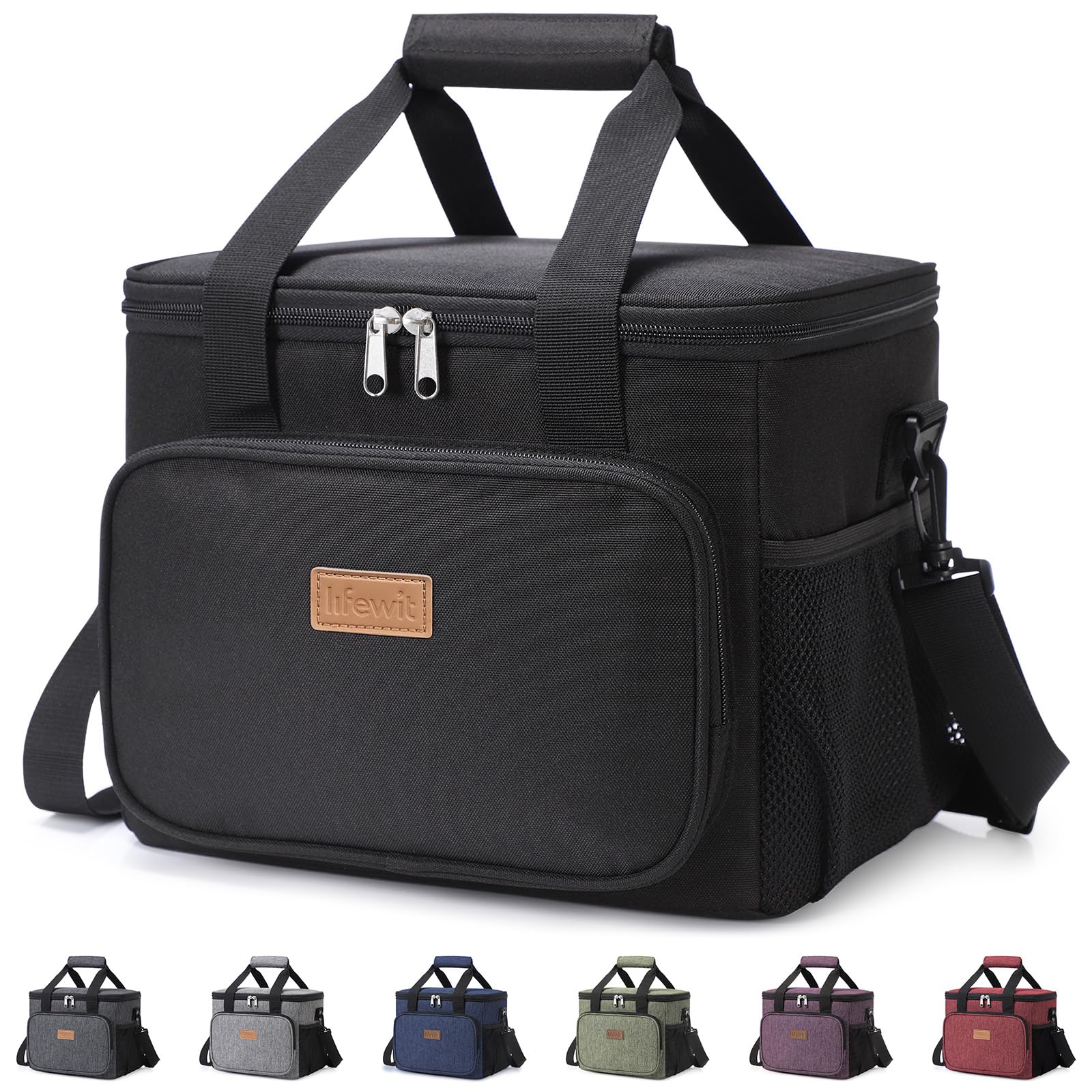Lifewit vista frontal de la bolsa térmica negra mostrando capacidad y cremallera