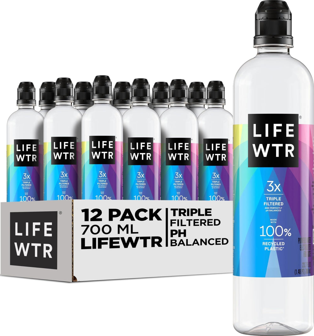 LIFEWTR front pack shows twelve 700ml bottles and recyclable design benefit