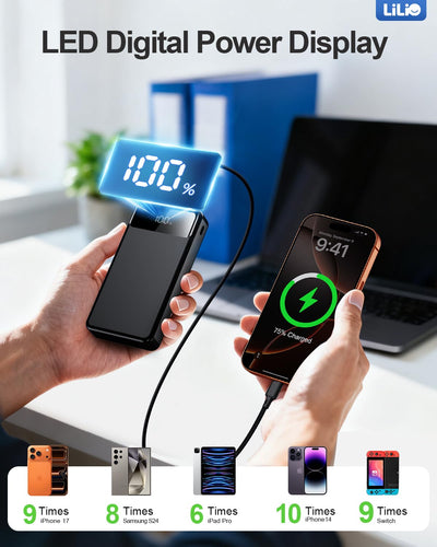 LILIO powering phone tablet and earbuds at once for group charging efficiency