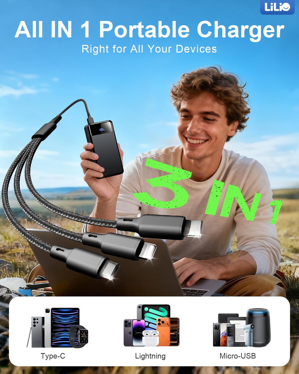 LILIO ports and LED indicators demonstrating simultaneous five-device charging
