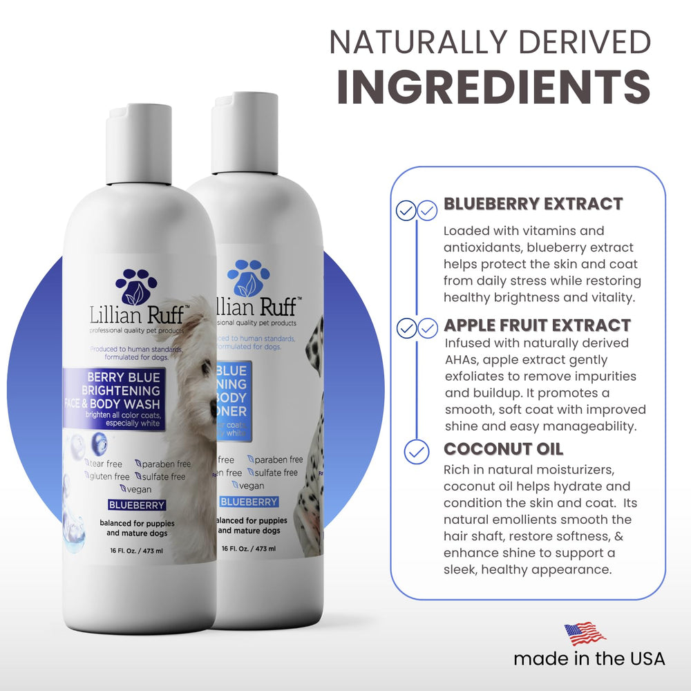 Lillian Ruff shampoo en uso lavando perro blanco para eliminar manchas