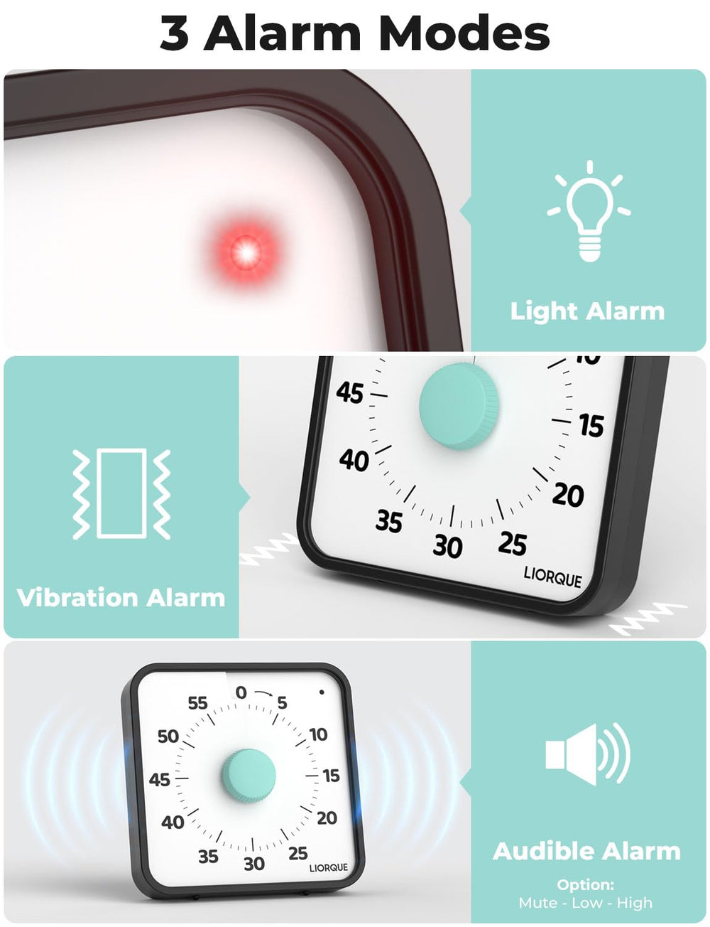 LIORQUE alarma con luz y vibración activadas, avisos múltiples sin ruidos molestos
