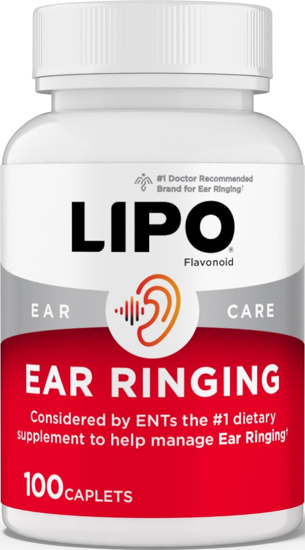 Lipo-Flavonoid envase frontal mostrando caplets y apoyo auditivo