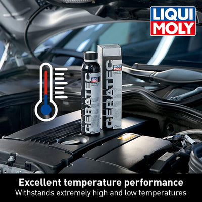 LIQUI MOLY CERA TEC bottle beside 5L oil for clear dosage and coverage
