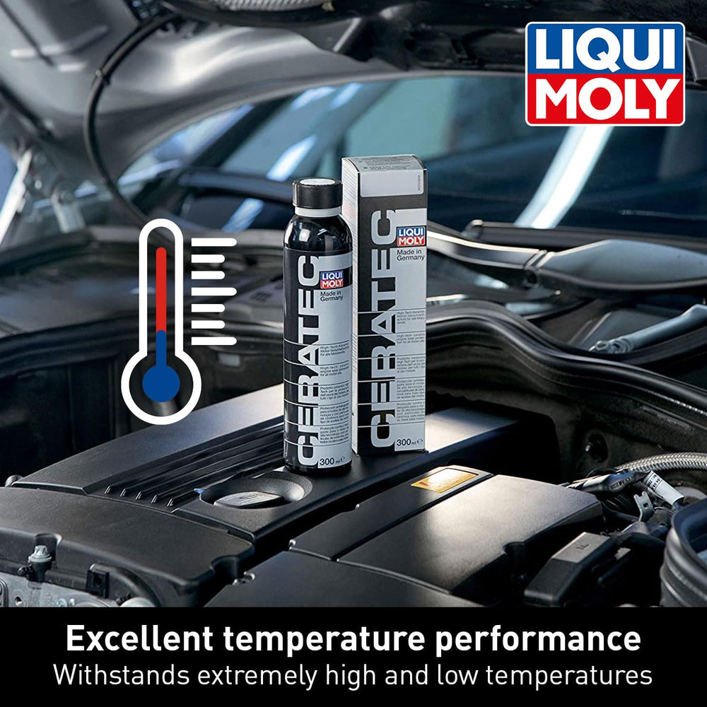 LIQUI MOLY CERA TEC bottle beside 5L oil for clear dosage and coverage