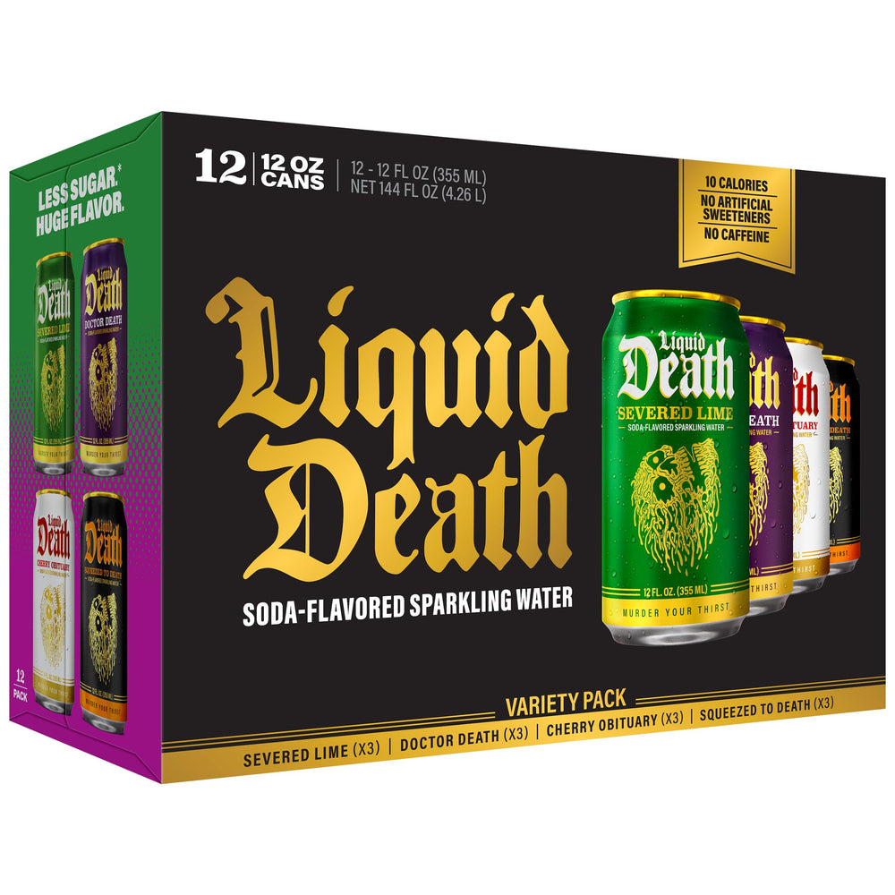 Comparativa de tamaño de lata Liquid Death junto a un vaso para referencia útil