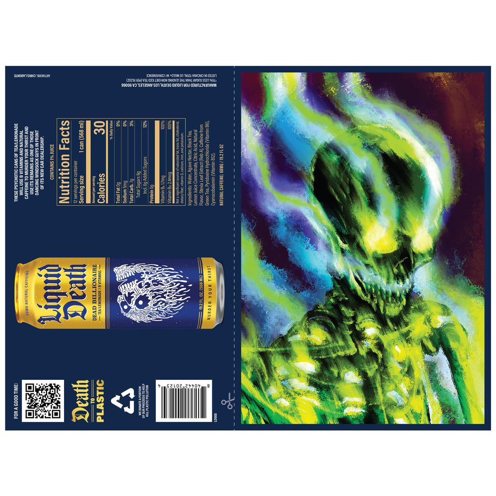 Liquid Death etiqueta nutricional destacando 6 g azúcar y vitaminas B