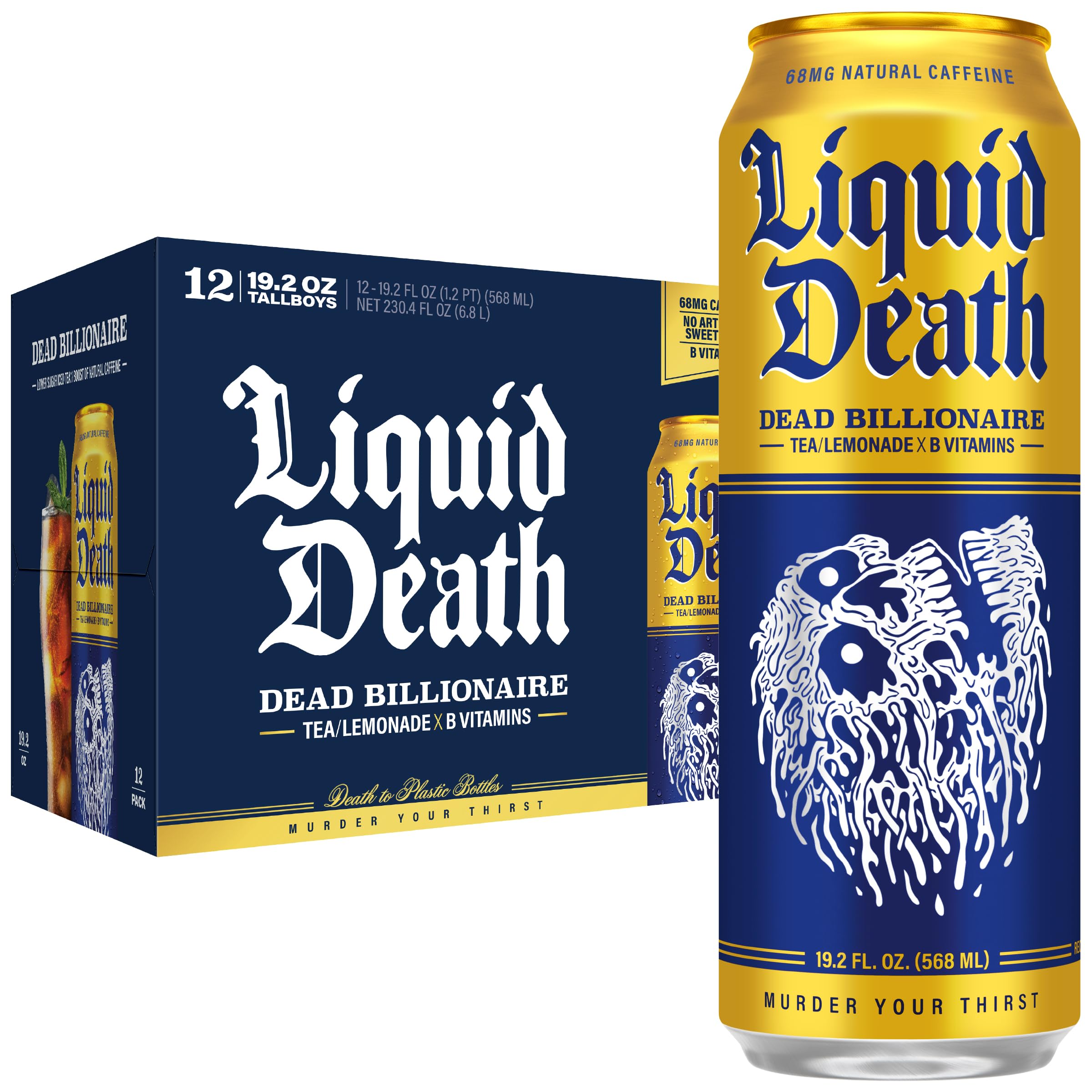 Liquid Death lata Dead Billionaire vista frontal mostrando diseño y tamaño