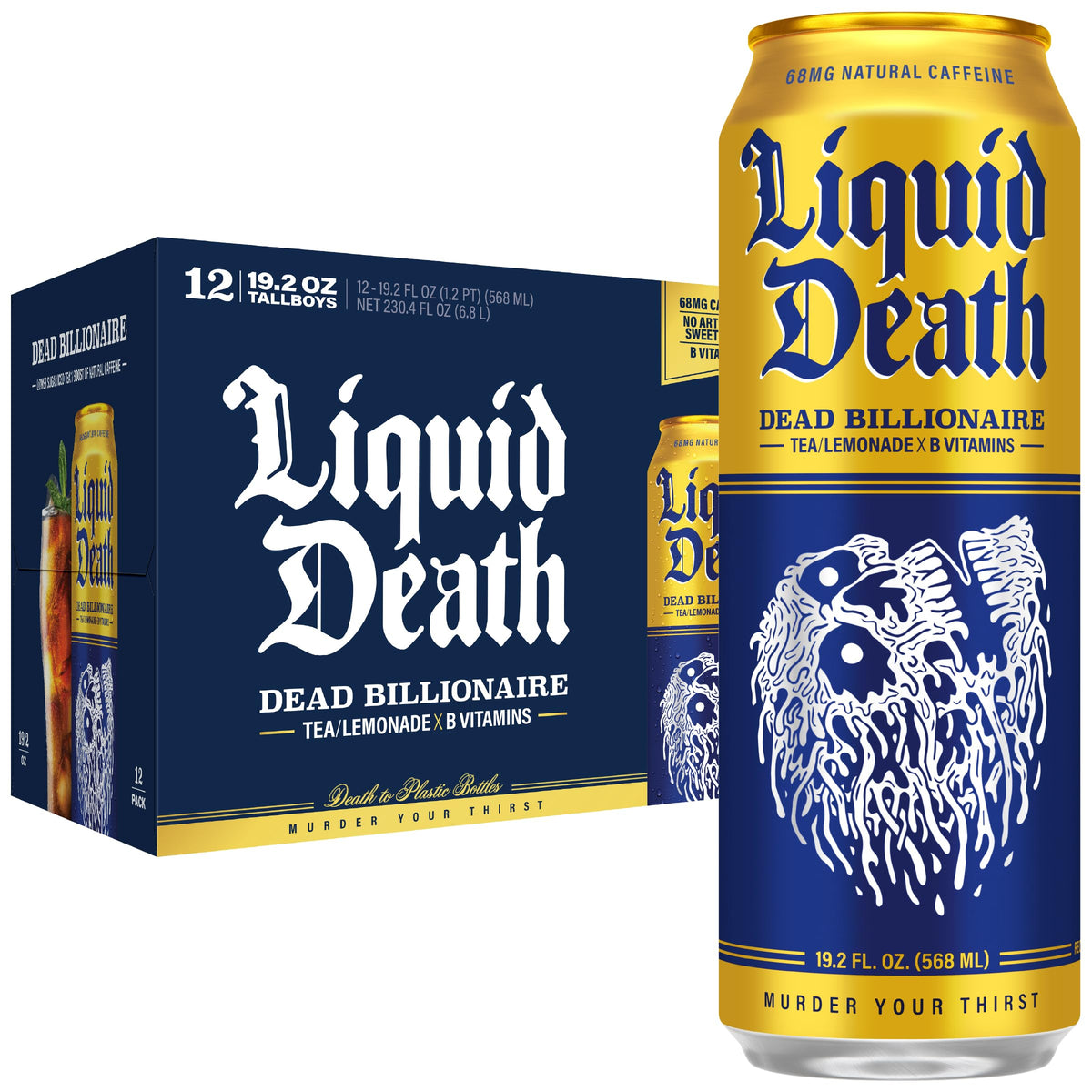Liquid Death lata Dead Billionaire vista frontal mostrando diseño y tamaño