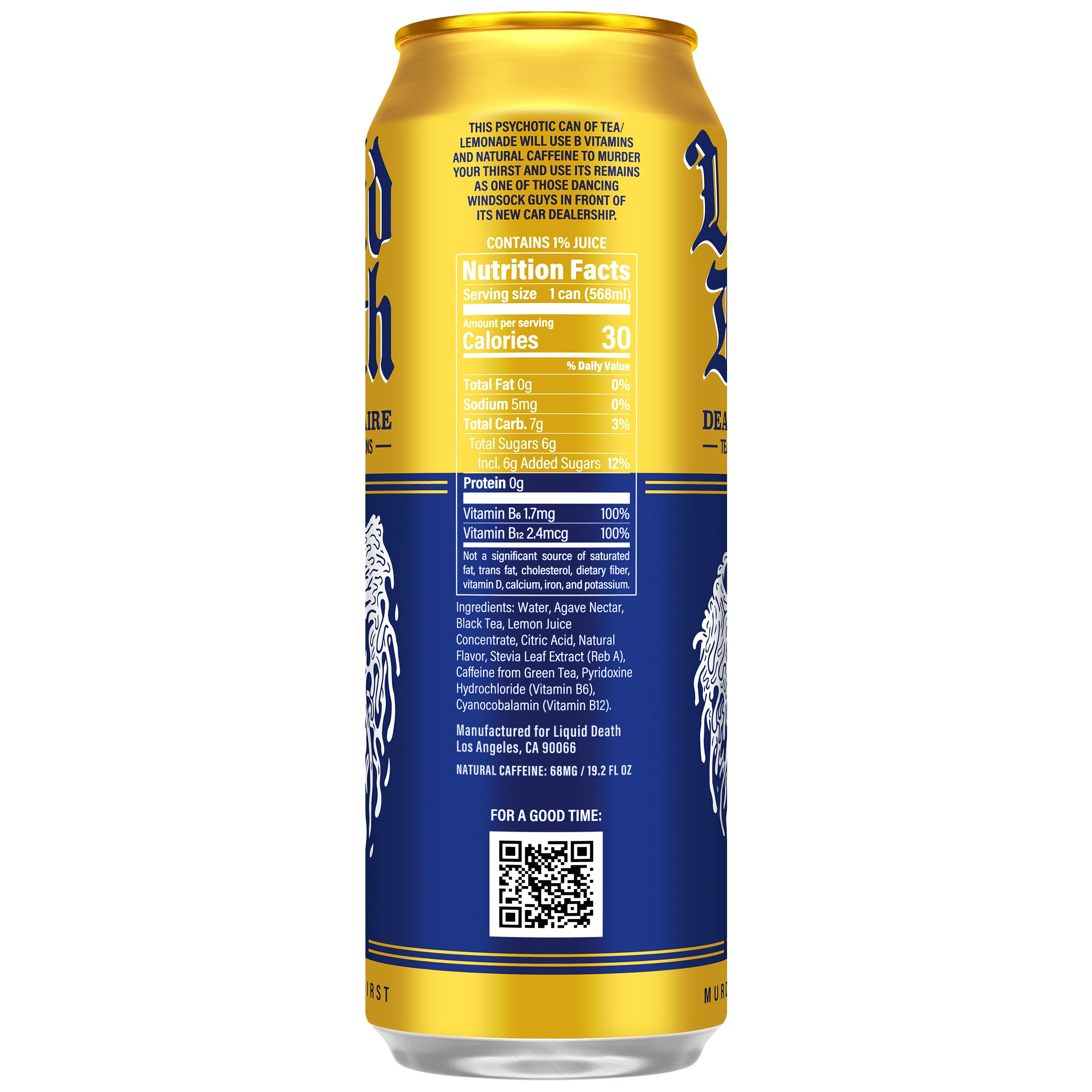 Liquid Death lata en mano para comparar escala y porción grande