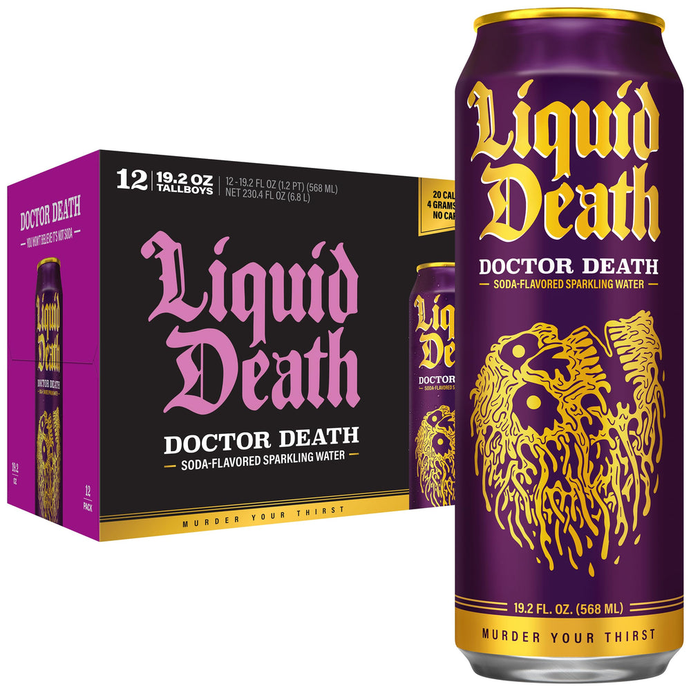 Liquid Death front can showing Doctor Death design and bold flavor