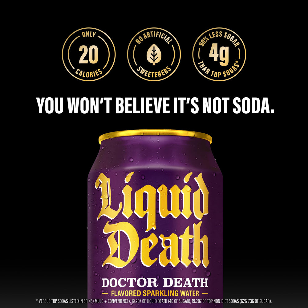 Liquid Death can beside a 12oz can for scale and serving value