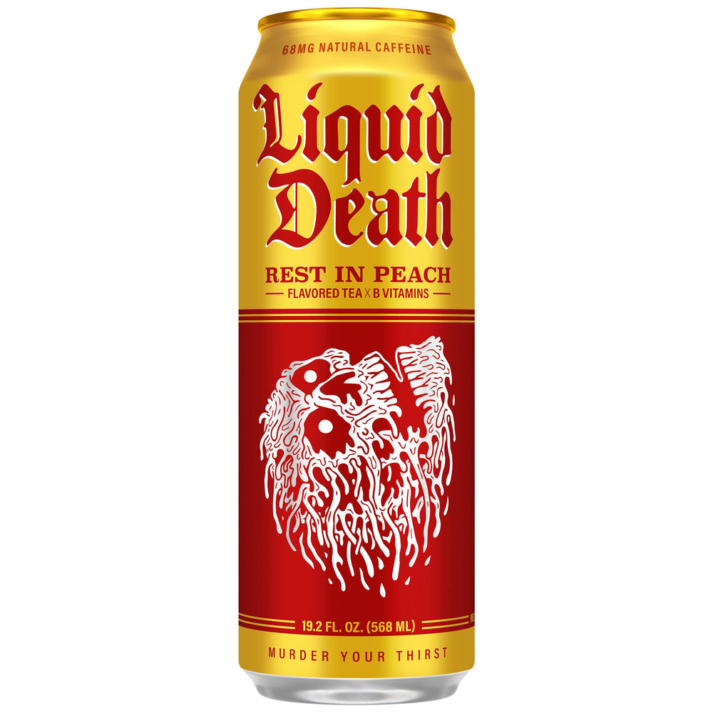 Liquid Death primer plano de textura de lata destacando reciclable y calidad