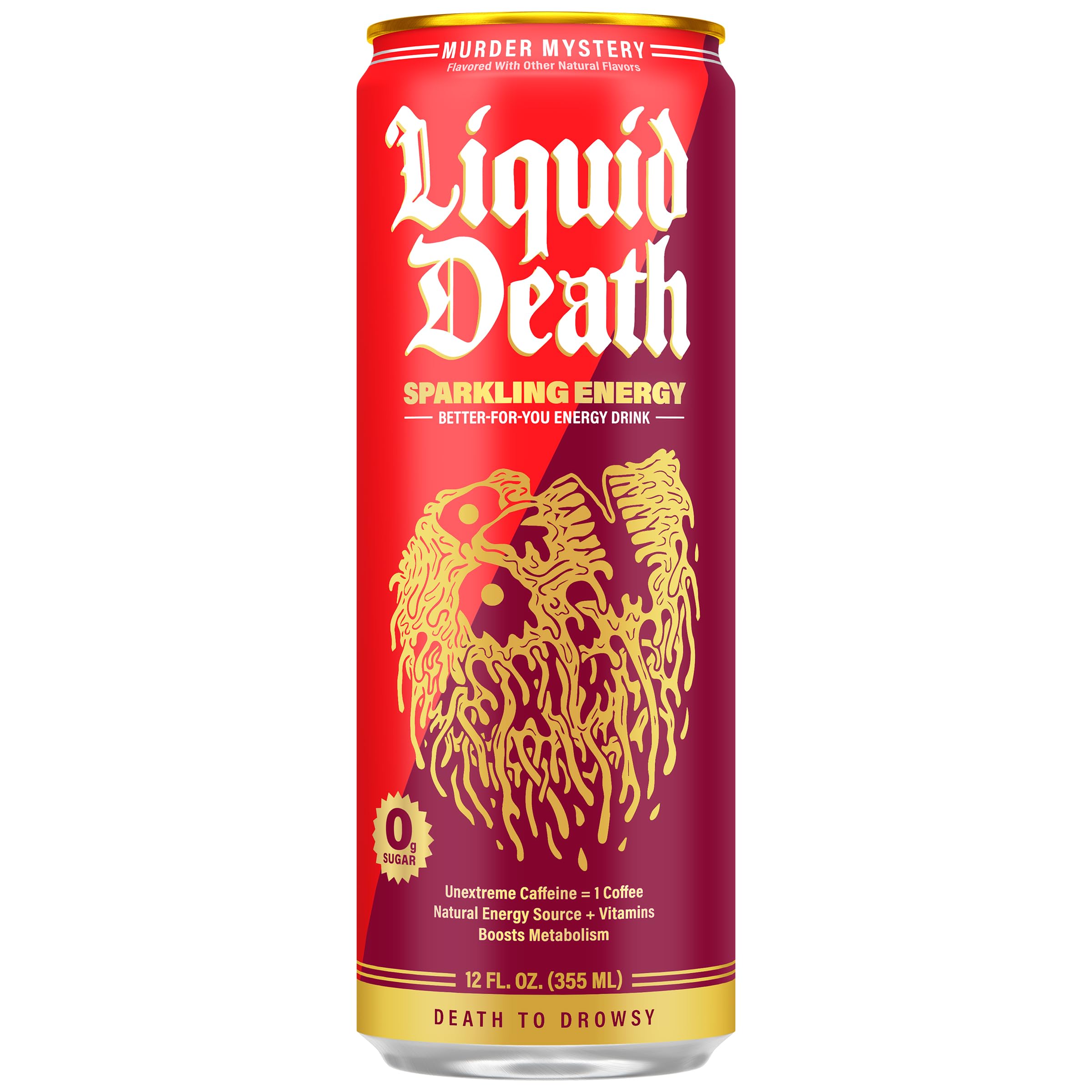 Liquid Death can angled to highlight Nutrition Facts and ingredient callouts for clarity