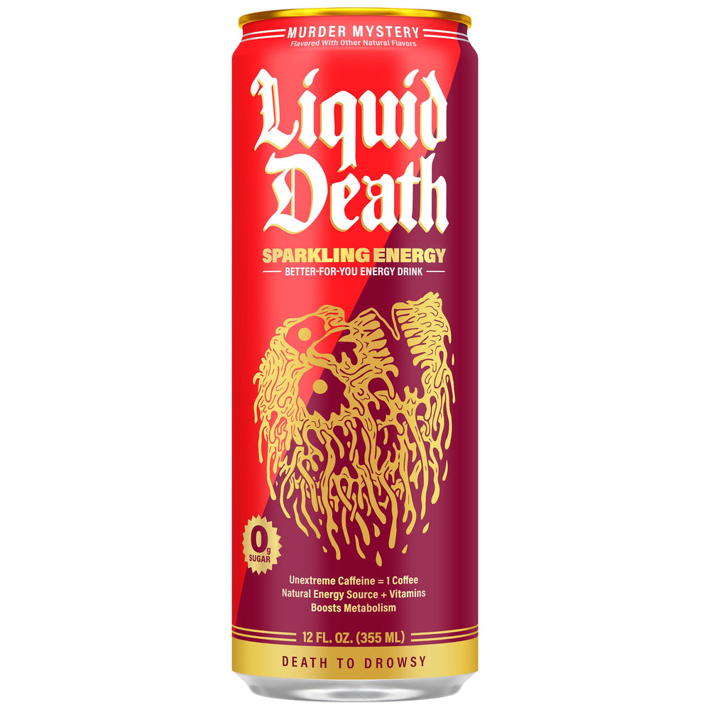 Liquid Death can angled to highlight Nutrition Facts and ingredient callouts for clarity