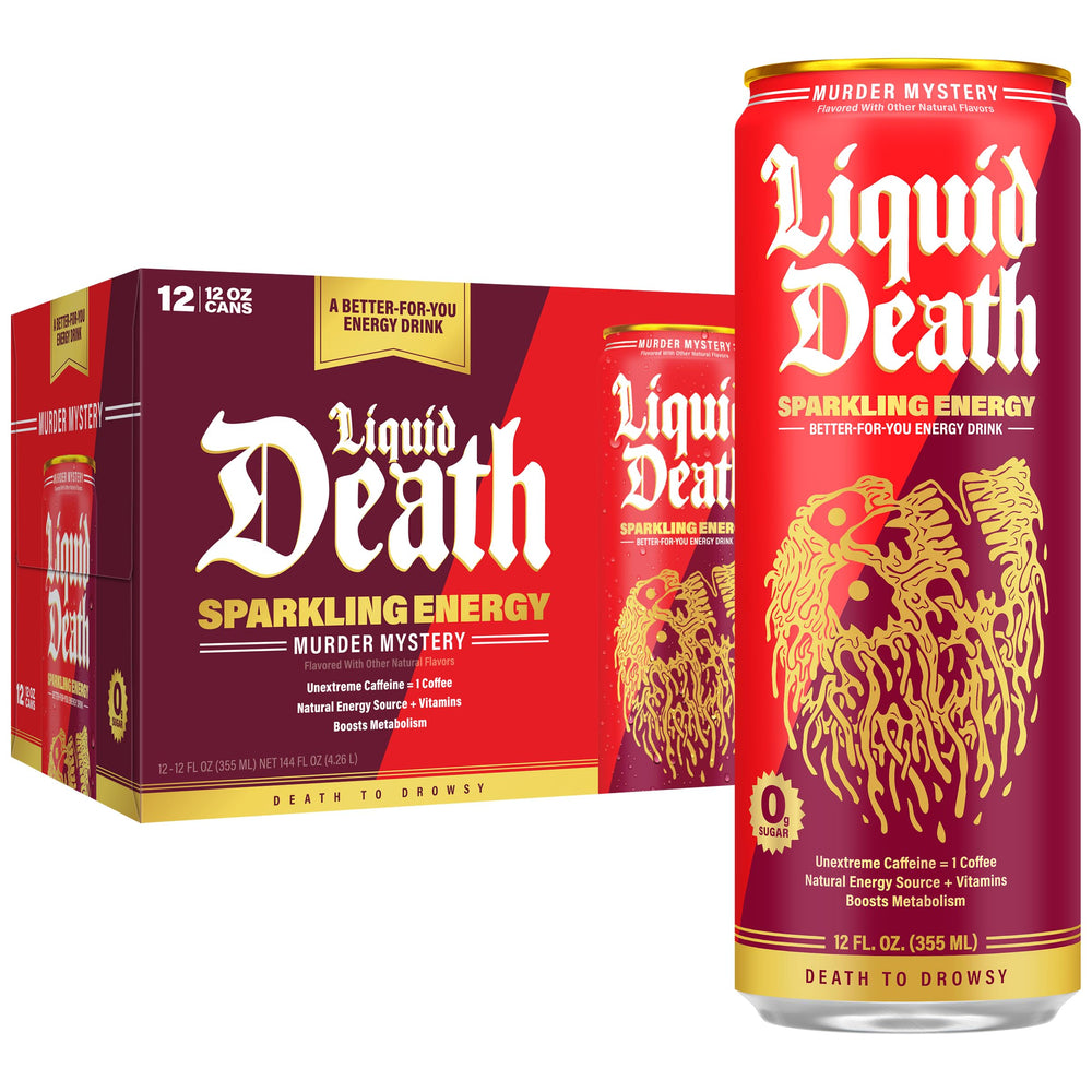 Liquid Death front can showing Murder Mystery label and bold graphics, eye-catching branding