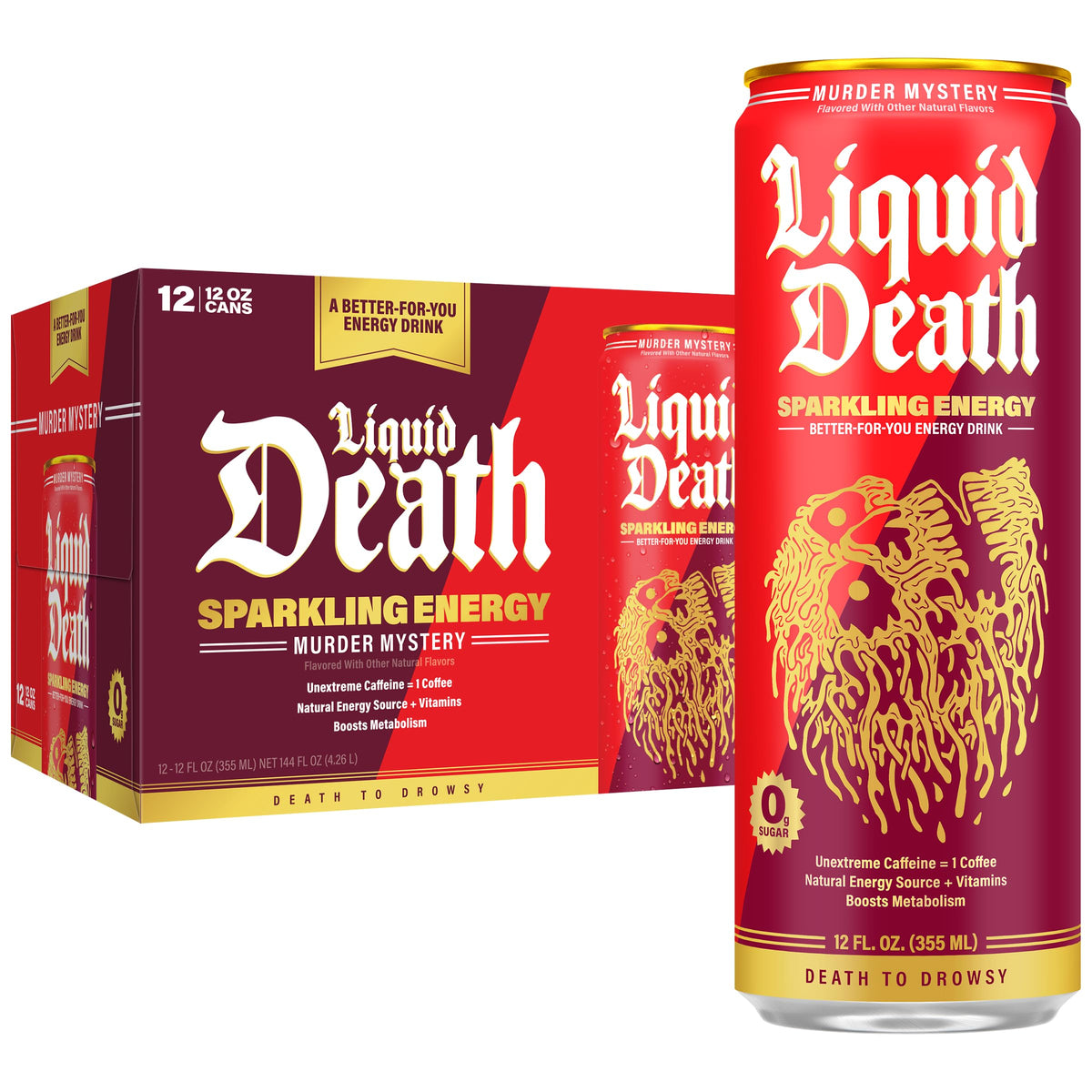 Liquid Death front can showing Murder Mystery label and bold graphics, eye-catching branding