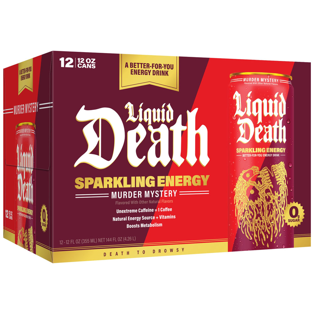 Open Liquid Death can pouring into glass, demonstrating clear sparkling color and effervescence