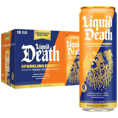 Liquid Death can front packaging showing orange horror label and bold branding for shelf impact