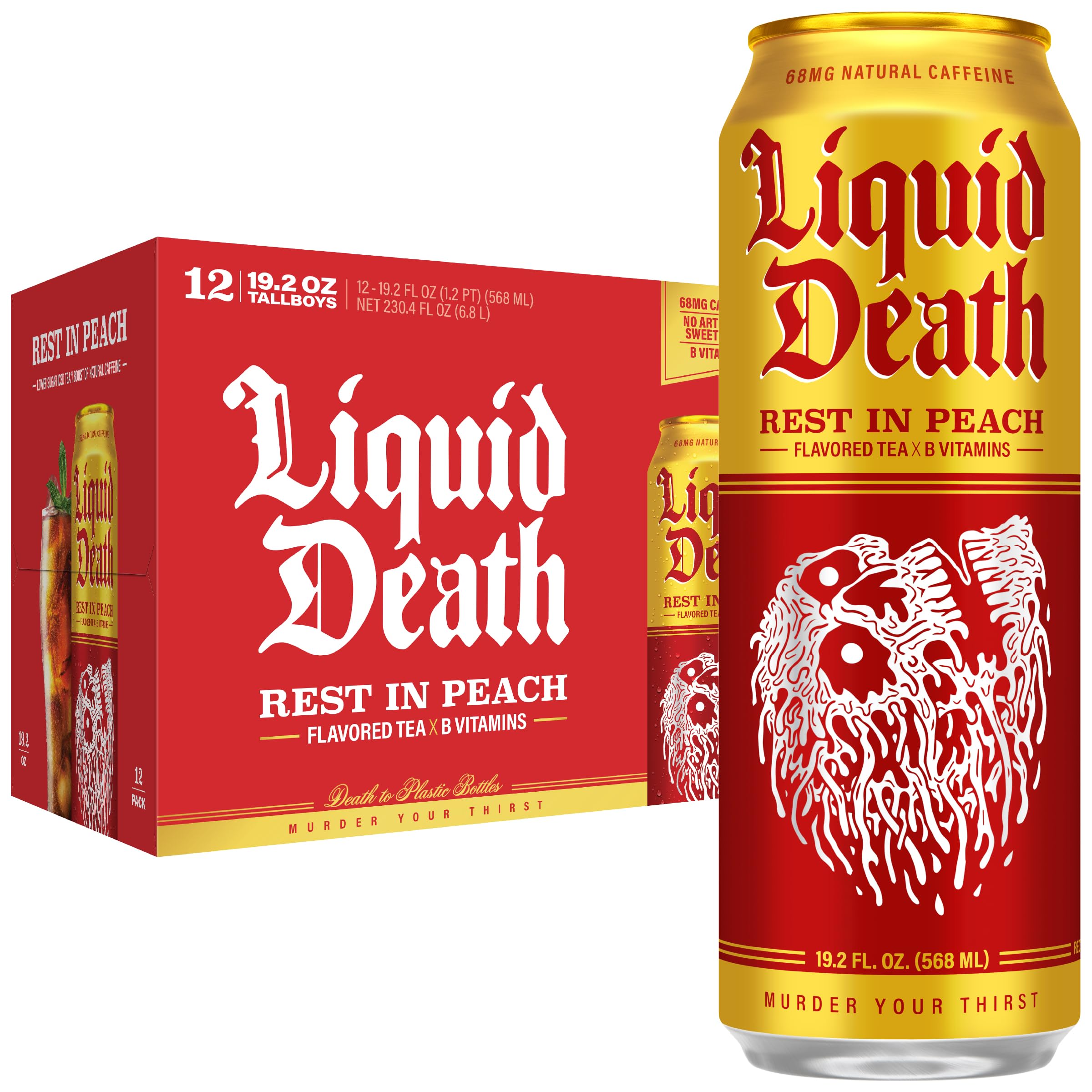 Liquid Death frente de lata Rest In Peach mostrando diseño y beneficio sabor intenso