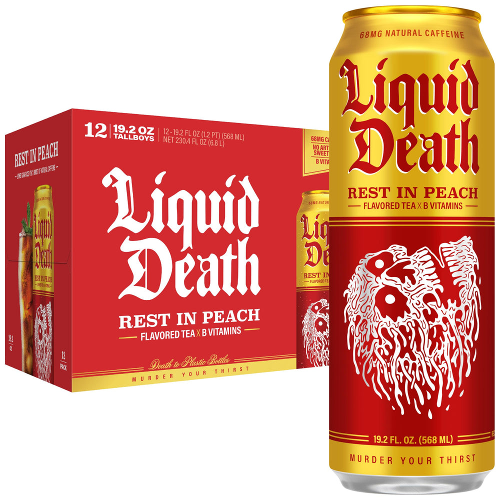 Liquid Death frente de lata Rest In Peach mostrando diseño y beneficio sabor intenso