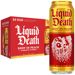 Liquid Death frente de lata Rest In Peach mostrando diseño y beneficio sabor intenso