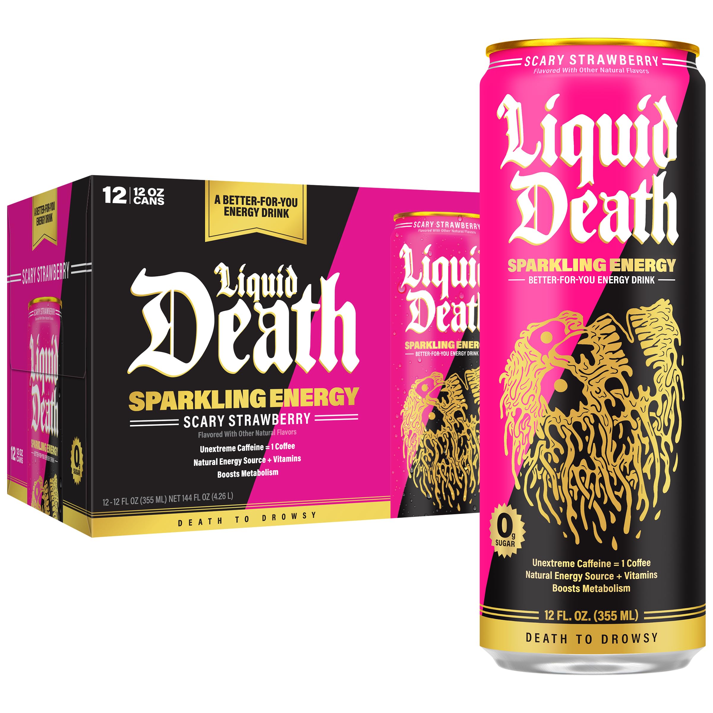 Liquid Death front can showing scary strawberry branding and quick energy benefit