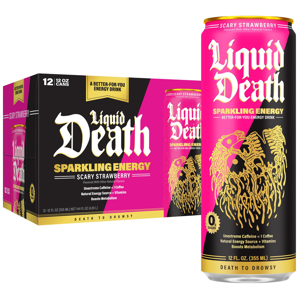 Liquid Death front can showing scary strawberry branding and quick energy benefit