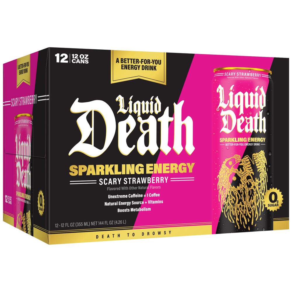 Label close-up of Liquid Death listing vitamins and L-theanine for balanced alertness