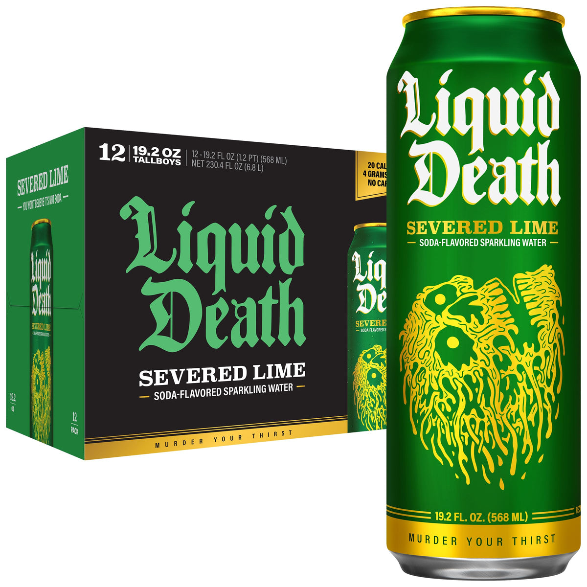 Liquid Death lata frente mostrando diseño y sabor lima, refresco intenso