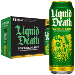 Liquid Death lata frente mostrando diseño y sabor lima, refresco intenso